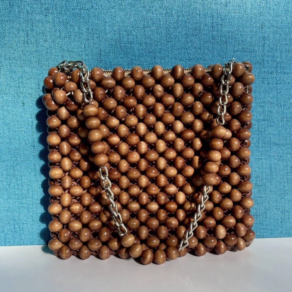 Vintage 60’s Wooden Bead Shoulder Bag Purse Zip Closure | Japan